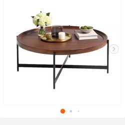 Brookline 42 in. Solid Acacia Wood Round Coffee Table with Black Metal Legs, Rustic Industrial Living Room Furniture