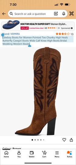 Cowboy Boots for Women Pointed Toe Chunky High Heels Butterfly Cowgirl Boots Wide Calf Knee High Boots Bridal Wedding Western Boots brown  Size 9
