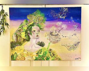Handmade Colorful Fantasy Acrylic Painting Dandelion Forest Fairy Canvas Artwork