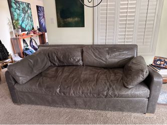 Restoration Hardware RH Belgian Track Arm Leather Bench-Cushion Sofa, Pewter Grey