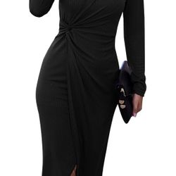 SHIBEVER Women's Long Sleeve Dress Midi Casual V Neck Twist Waist Ribbed Size XL
