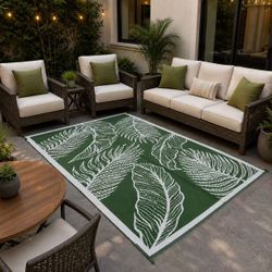 NEW 5X8 Feet Tropical Botanical Leaf Pattern Polypropylene Webbing Outdoor Floor Mat UV And Water Resistant Easy To Clean Reversible Green
