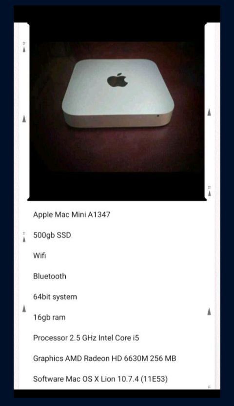 Apple Mac Mini A1347
500gb SSD
Wifi
Bluetooth
64bit system
16gb ram
Processor 2.5 GHz Intel Core i5
Graphics AMD Radeon HD 6630M 256 MB