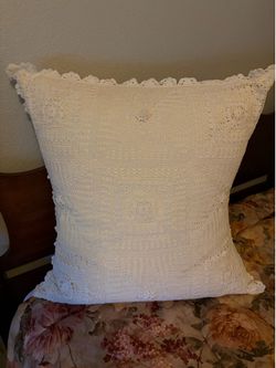 White crochet lace square pillow