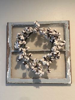 Rustic Window Frame with Cotton Wreath