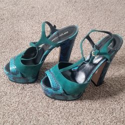 Sergio Rossi Blue/Green Suede and Python Leather Platform T-Strap Sandals Womens Size 36 / US 5.5