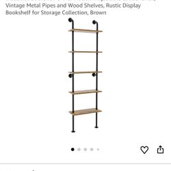 Industrial Bookshelf 5-Tier Modern Adjustable Ladder Shelf, Vintage Metal Pipes and Wood Shelves, Rustic Display Bookshelf for Storage Collection, Bro