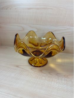 Amber Hand Blown Art Glass Pedestal Compote Bowl Decorative Wavy Edge Glossy