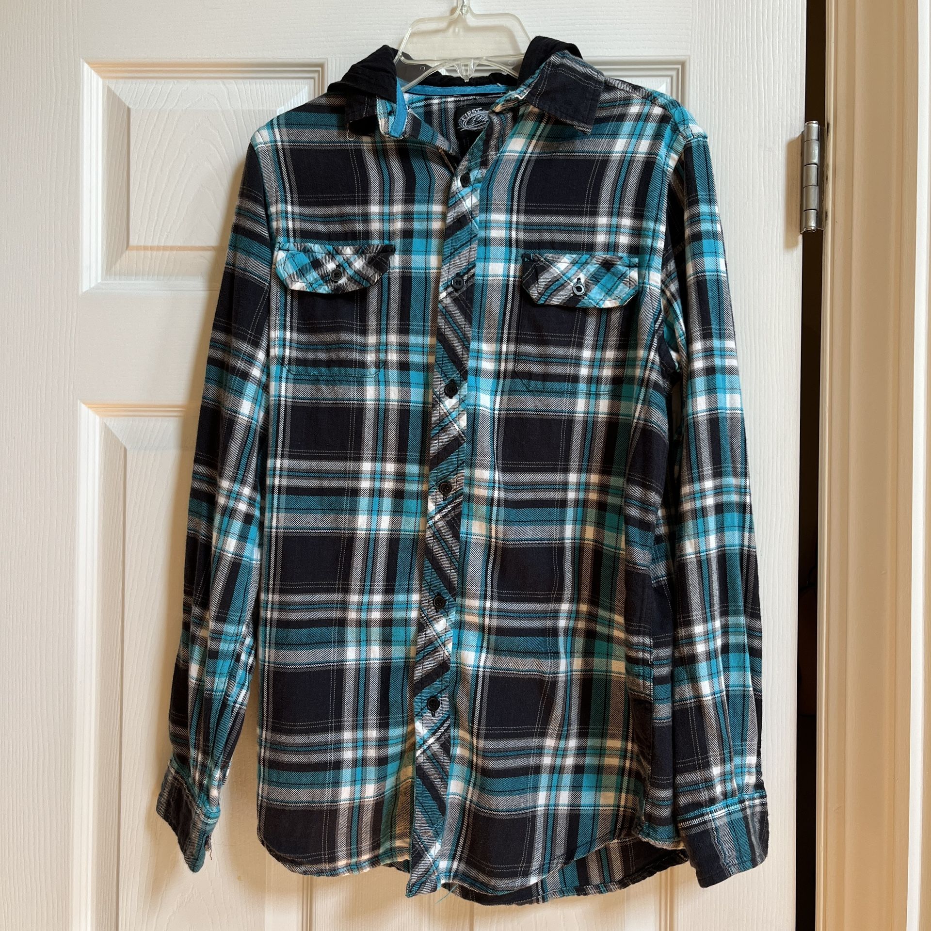First Wave Black, Blue & White Hooded Flannel Shirt – Size 16 – NWOT