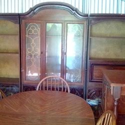 Large Vintage 3 PC Wood China Cabinet With Glass Doors + Dining Table 8 Chairs 