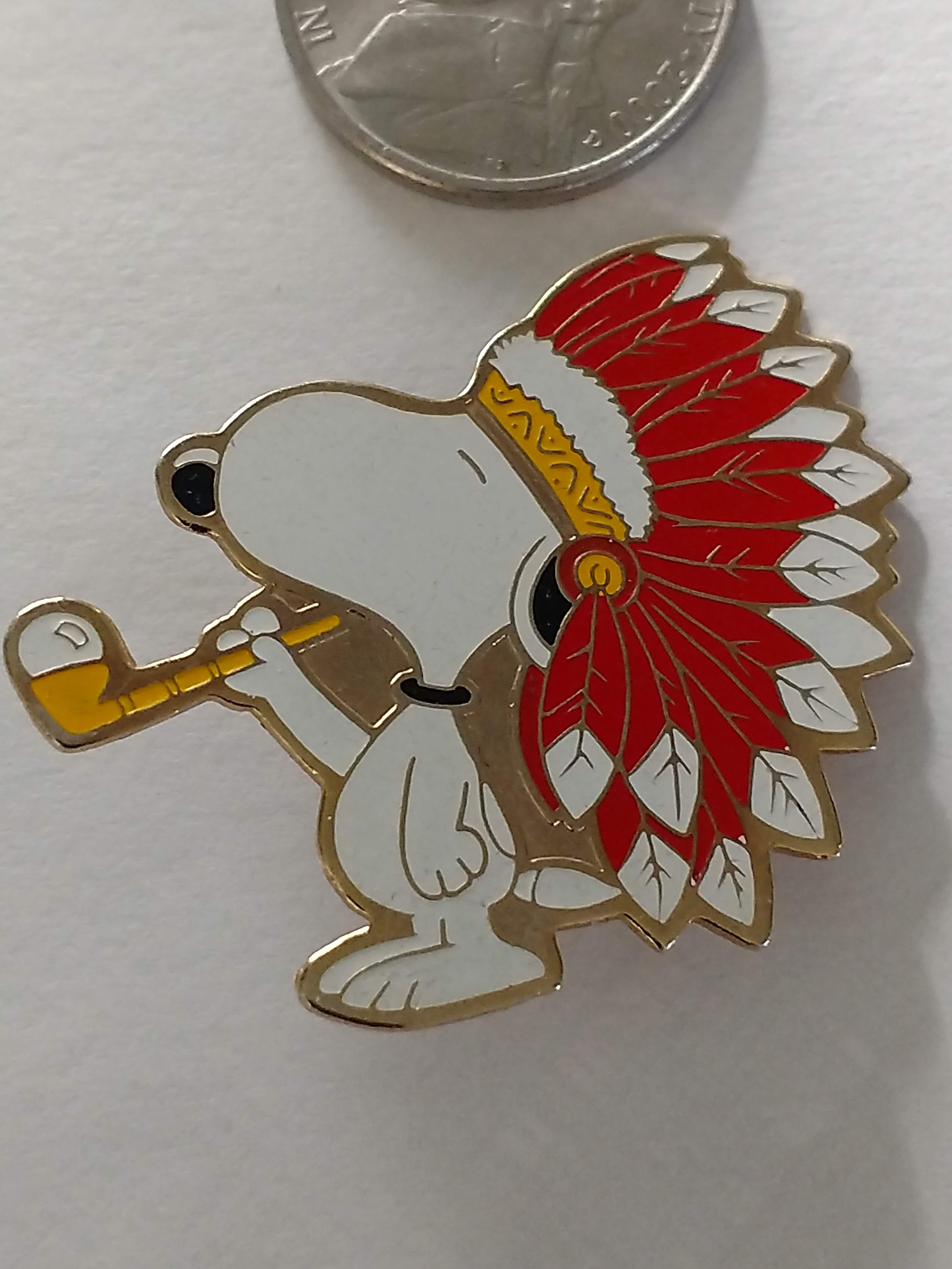 Vintage Enamel Peanuts Pin Snoopy Indian Chief with Pipe for Sale in