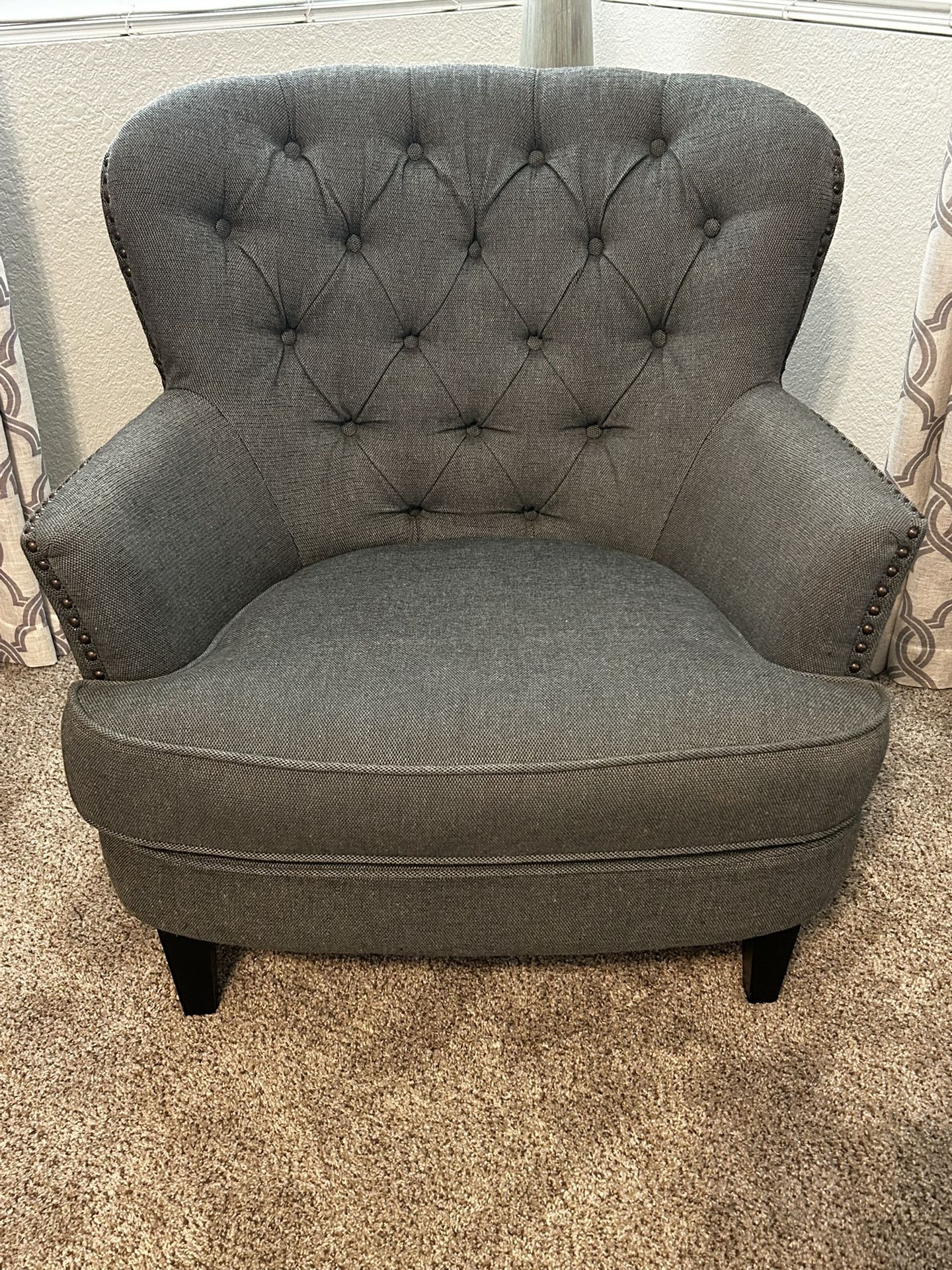Oversized Gray Fabric Club Chair with Tufted Cushions
