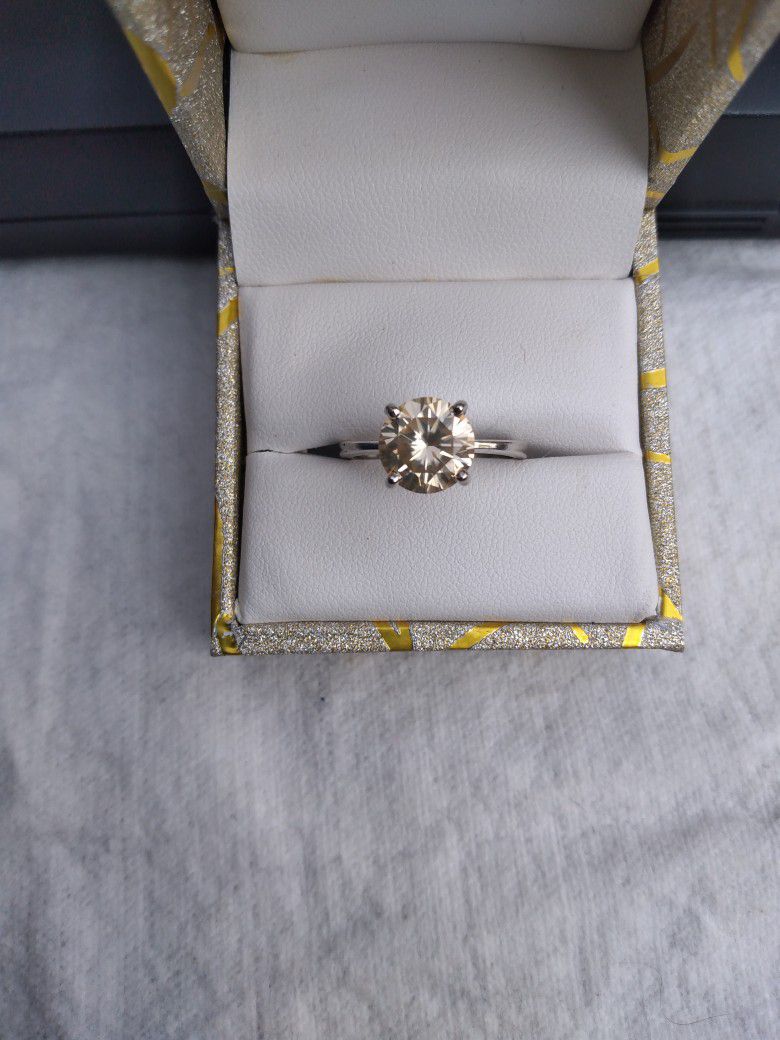 Silver 2 Ct Champagne Diamond Ring Size 8