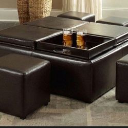  Storage Ottoman with 4 Trays, Dark Brown Faux Leather And 4 Cube Chairs