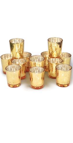 DEVI 12-Piece Assorted Gold Mercury Glass Votive Candle Holders Set - Wedding Table Decor & Tealight Bowls