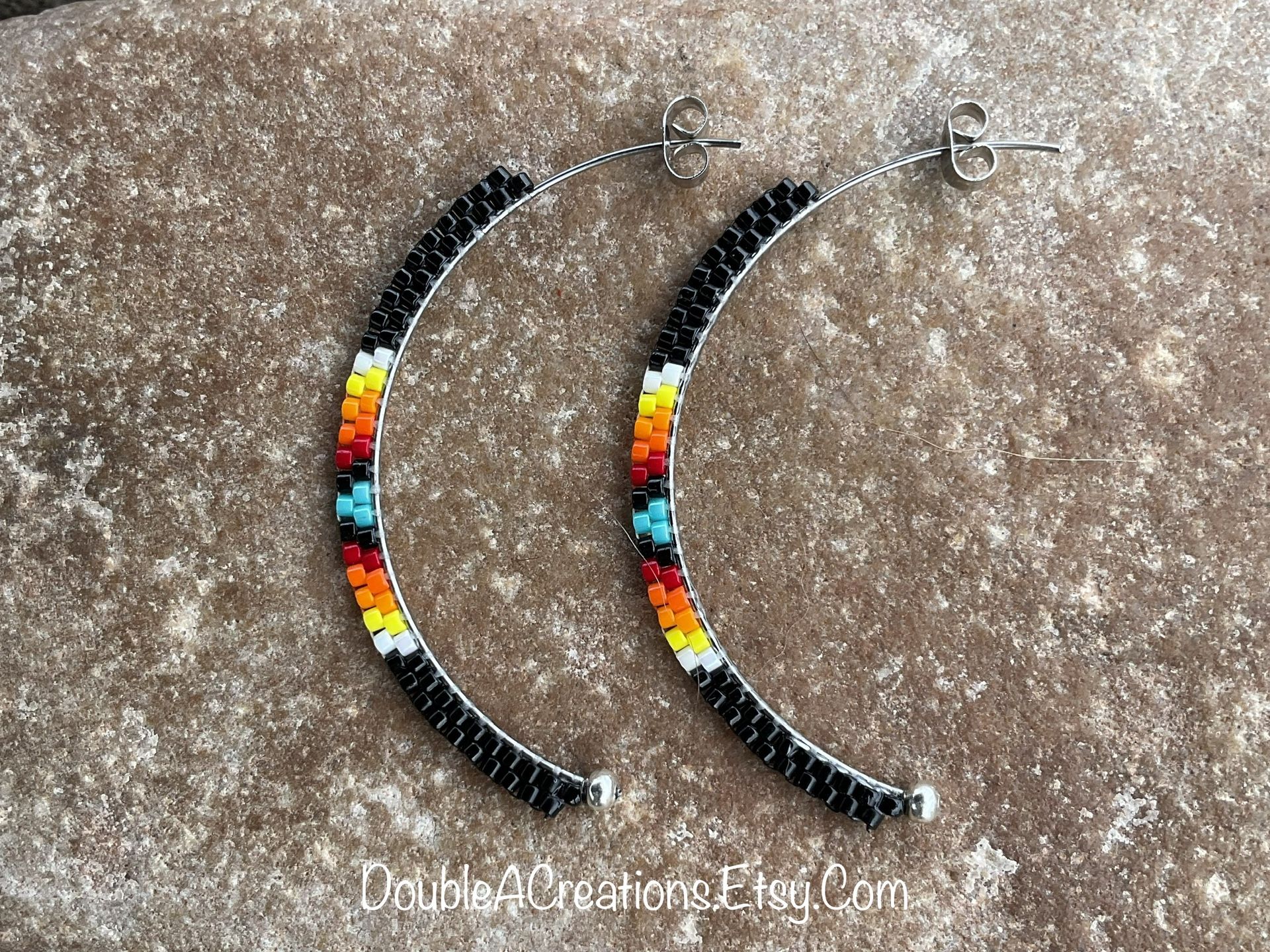 Black With Native Colors Beaded Half Hoops, New, Handmade By Me