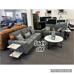 2-Pieces Polyester Woven Fabric Comfortable Cushion Square Armrests Sofa Set with Chunky Tapered Legs & 5 Throw Pillows