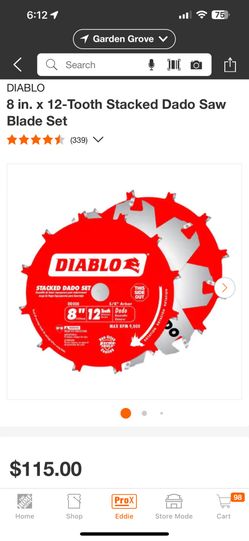 Diablo 8 in x 12 Tooth Dado Stack Table Saw Blade Set