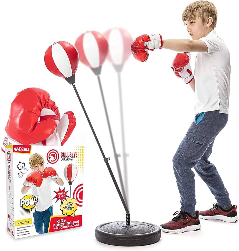 Whoobli Punching Bag for Kids Incl Boxing Gloves | 3-10 Years Old Adjustable Kids Punching Bag with Stand | Boxing Bag Set Toy for Boys & Girls (Red W