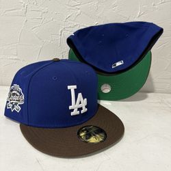 MLB New Era Los Angeles Dodgers Blue Brown Brim 100th Anniversary Patch 59fifty Fitted Hats Size 7 1/8, 7 1/4 And  7 1/2 