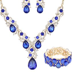  CSY Women's Elegant Bridal Necklace Earrings Stretch Bangle Bracelsts Set