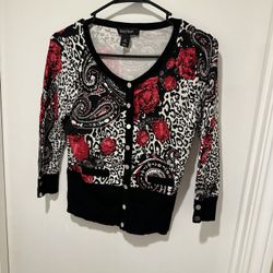 White House Black Market Red Rose Leopard Print Cardigan 