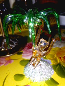 Hand Blown Colored Glass Monkey Hanging In Palm Tree 10 In Tall Thumbnail