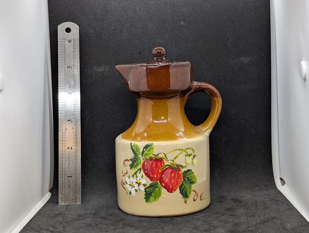 Vintage Stoneware 6" Strawberry Design Crock Jug Two Tone Brown Pitcher w/ Lid