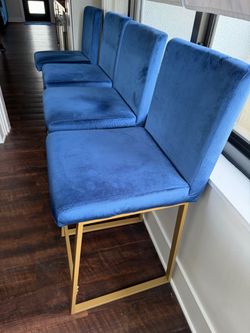 (4) Countertop Stools - velvet blue/gold legs