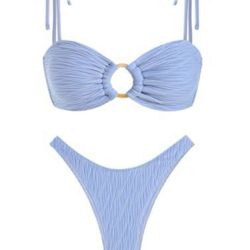 ZAFUL Women's Sexy Tie Spaghetti Strap Bikini Textured O Ring Ruched High Leg Swimsuit Cheeky Bathing Suits (Light Blue, S)
