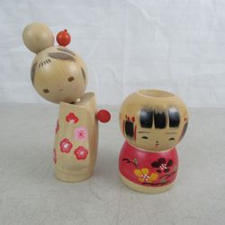 Japanese Hand Crafted Vintage Wooden Kokehsi Dolls Signed


