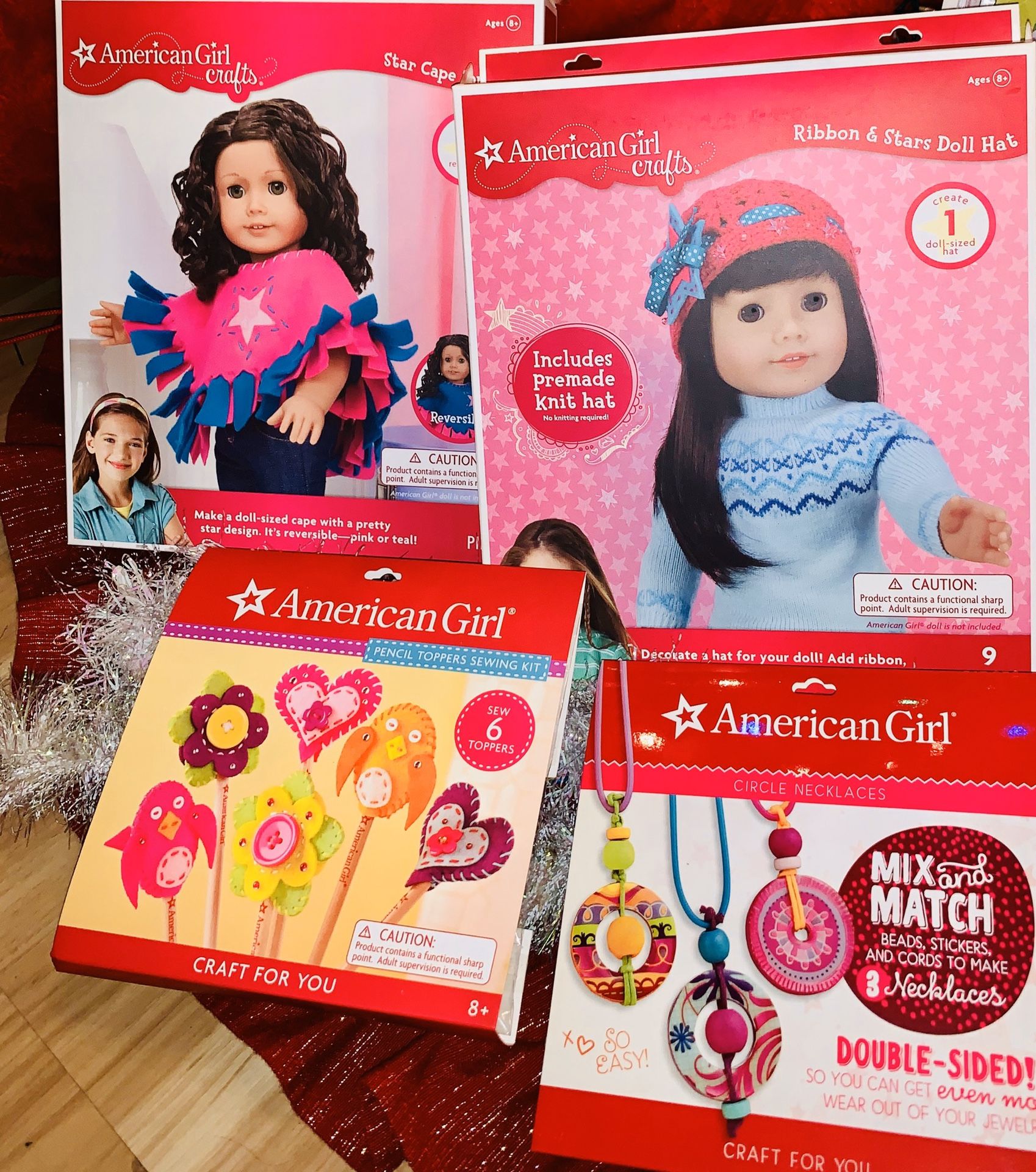 4 New American Girl Doll Crafts sets - pencil toppers, necklaces, poncho and hat