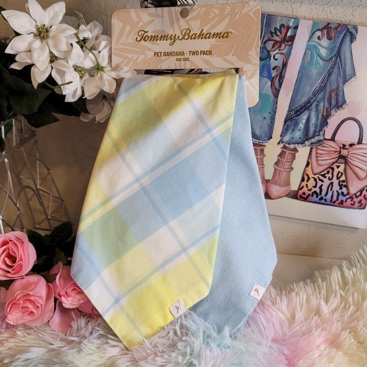 Tommy Bahama Pet Bandana 2 Pack Dogs One Size Blue & Blue & Yellow Plaid New