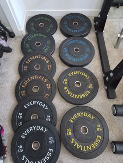 Olympic bar, curl bar, and bumper plates