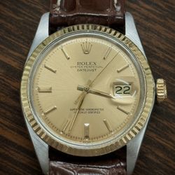 Vintage Mens Rolex Datejust 36mm 1601 Two-Tone watch Champagne Dial Brown Strap
