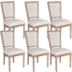 French Country Dining Chairs Set of 6, Upholstered Dining Room Chairs with Round Backrest, Linen Dining Chairs for Dining Room, Bedroom, Kitchen, Beig