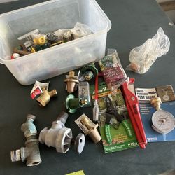 Plumbing And Sprinkler Parts Lot Brass Valves Hose Bibs Gauge Tools