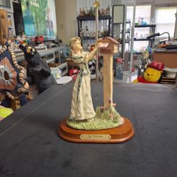 Vintage La Verona Collection Of A Young Lady Mailing A Letter, Mounted On A Wood Stand W/Gold Plate 7.5" x 6.5"