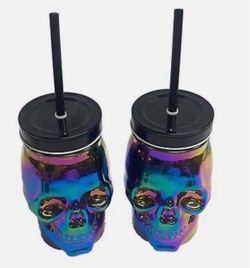 $5 each Iridescent Skull Mason Jar Cups with Straws – Set of 2