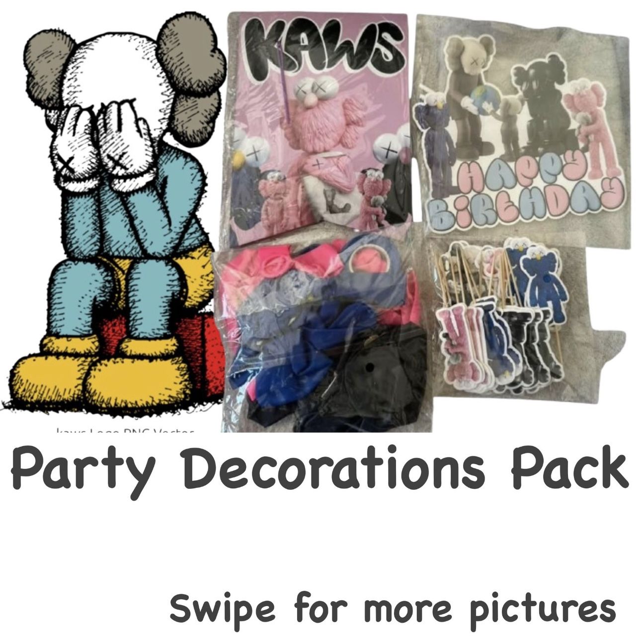 Kaws Inspired Birthday Party Decorations Set Banner Balloons Cupcake Toppers