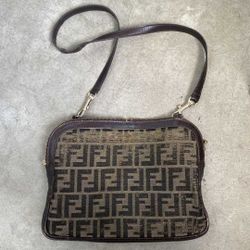 FENDI Rare Shoulder Bag Logo Canvas Leather Brown Women's