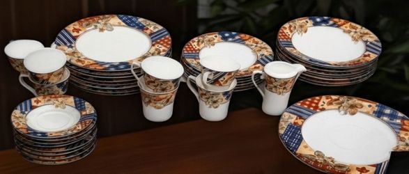 Discontinued Set of  36 Mikasa Ultima+ Super Strong HK703 Country Circle Dinnerware Pieces