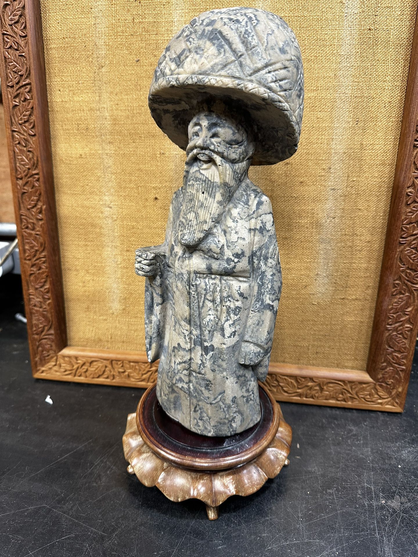 Vintage Chinese Concrete Statue Of Immortal God with Huanghuali Stand