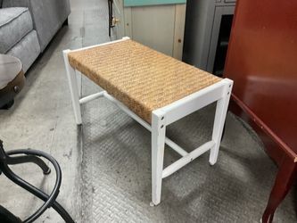 White Wooden Accent Bench with Woven Seat