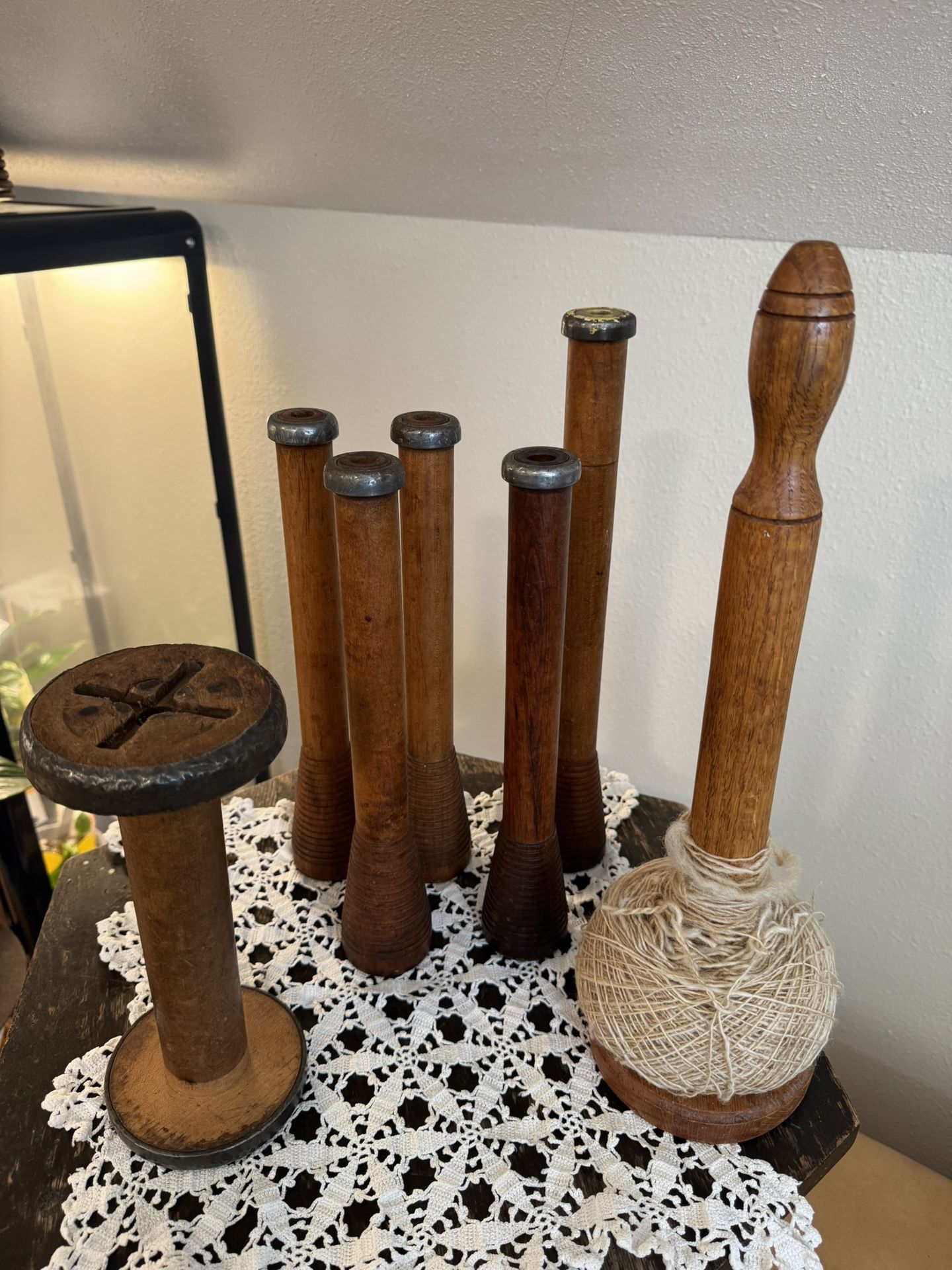 Large Antique Textile Bobbin & Spool Set (7 Pcs) - Pendleton Factory & Cannon House