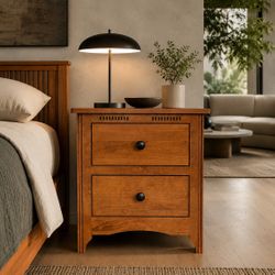 Solid Wood 2-Drawer Upscale Nightstand – Warm Cherry Finish Modern Craftsman Style.