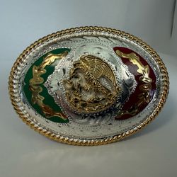 Hecho en Mexico Western Belt Buckle — Mexican Eagle Flag, German Silver, Gold Rope Edge