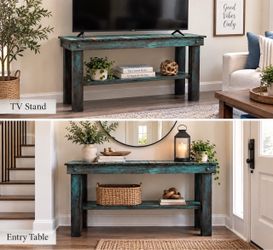 Rustic Distressed Teal Wood Console TV Stand
