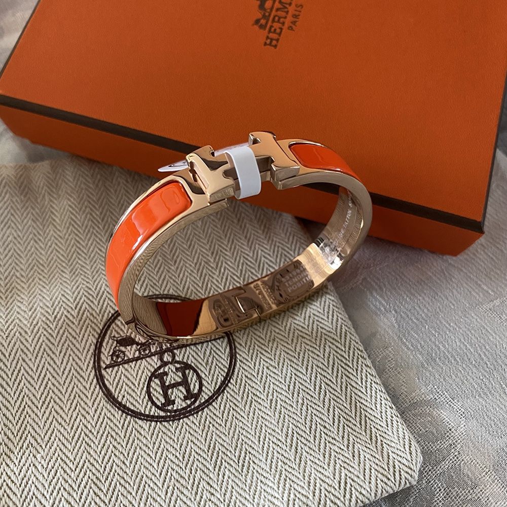 Hermes Classic H Clasp Orange Enamel Bracelet