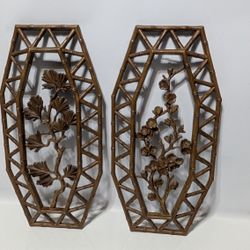 Pair of 15.5" Syroco Homco Faux Bamboo Wall Plaques with Floral Branch Relief

